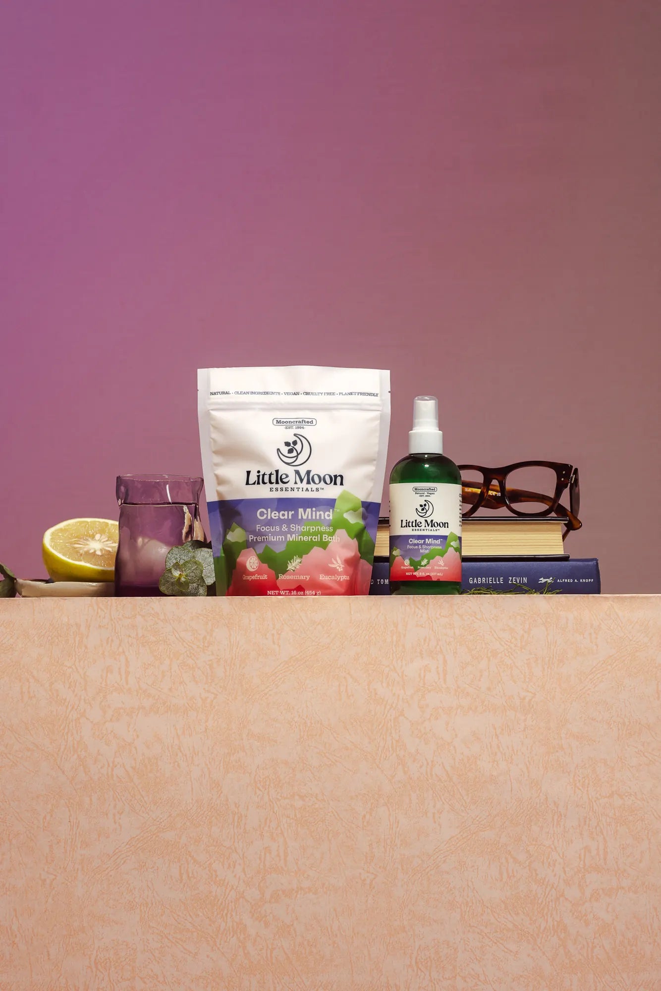 Clear Mind Mineral Bath and Mist on a desk